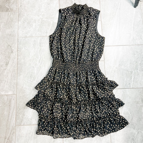 MSK Black Tiered Halter Dress Gold Polka Dots Size Medium - Picture 3 of 9